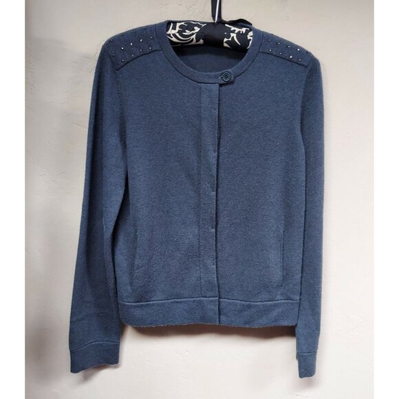 Women's 100% Italian Cashmere Cardigan Sweater Crew Neck Button-Front Navy Blue - Picture 1 of 8